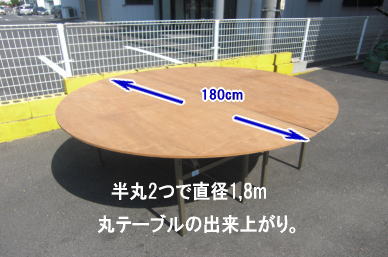 丸テーブルレンタル　大きさ比較　レンタル料金　岡山でのテーブルレンタル|丸テーブル|レンタル|安い||直径1m80㎝|半丸テーブル|安い|レンタル価格| ベニヤ半丸テーブルのレンタル|半丸テーブルレンタル| 料金| 岡山 |イベントでの丸テーブルのレンタルはレントオール岡山へご相談下さい
