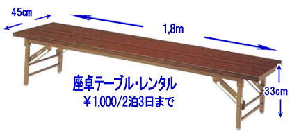 岡山座卓テーブルレンタル 座敷テーブルレンタル 背の低いテーブル 座卓テーブルレンタル料金 2泊3日まで ￥1,000 税別 岡山レンタルサービス  　レンタル料金   座卓テーブル レンタル   座卓テーブルレンタル 1800x450　岡山レンタルサービス TEL086-243-2323 　