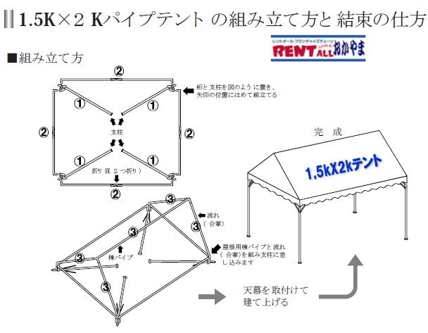 岡山 パイプ テント レンタル 1.5Kx2K 3坪用 レントオール岡山 集会用テント レンタル 1,5kx2k 組立 図面