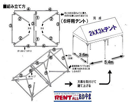 パイプテント　レンタル　組立て方　レントオール　岡山　集会用テント　